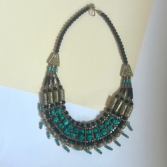 south africa 🇿🇦 boho turquoise black gold boho fringe statement necklace - Picture 12 of 12